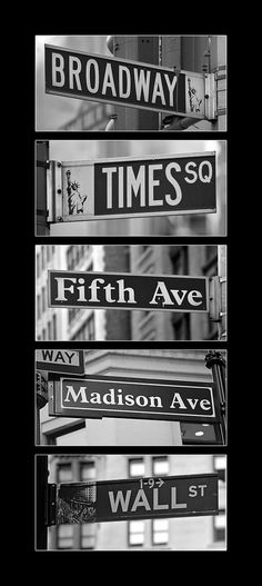 black and white photograph of street signs in new york city, with the words broadway times so fifth ave