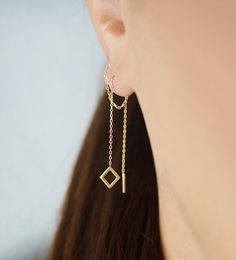 14K 9K Gold Rhombus Threader Earrings, Solid Gold Minimalist Earrings, Dainty Rhombus Threaders, Long Chain Earrings, Geometric gold earrings, Gift for her, FREE EXPRESS SHIPPING Dainty and minimalist 14K or 9K Solid gold threader earrings with a small small rhombus/diamond shape. A lovely, versatile pair of earrings/earring that you will love wearing all day, everyday! Whisper...Minimalism at its finest! :) ------------------------------------------------- D E T A I L S 14K Solid Gold or 9K Sol Minimalist Geometric Pierced Jewelry, Minimalist Geometric Jewelry In 14k Gold, Minimalist 14k Gold Geometric Jewelry, Minimalist Geometric 14k Gold Jewelry, Minimalist Geometric Jewelry, Minimalist Diamond-shaped Earrings For Gift, Minimalist Diamond-shaped Everyday Jewelry, Minimalist Everyday Diamond-shaped Jewelry, Everyday Minimalist Diamond-shaped Jewelry