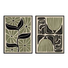 two framed art pieces with black and green designs