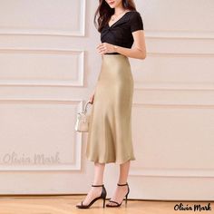 Olivia Mark - Satin Midi Skirt with Shiny Silk Finish, High-waisted, Smooth and Elegant with a Flattering Mermaid Hem Silk Skirt Outfit, Sheer Long Sleeve Dress, Floral Print Midi Skirt, High Waist Long Skirt, Long Sleeve Evening Gowns, Skirts Midi High Waisted, Fish Tail, Satin Midi Skirt, Round Neck Dresses