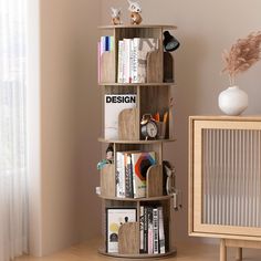 a wooden shelf with books and magazines on it