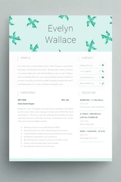 a clean and modern resume template with green birds on the cover, in blue tones