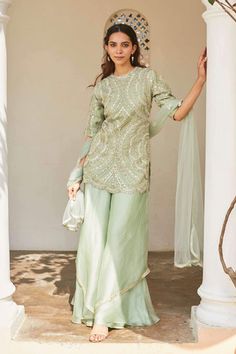 Osaa By Adarsh | Pastel Green Floral Embroidered Sharara Set | INDIASPOPUP.COM Sharara Suit Pastel Colors, Pastel Green Salwar Suit, Reception Embroidered Chinon Sets, Embroidered Chinon Sets For Reception, Chinon Palazzo Set With Intricate Embroidery And Long Sleeve, Diwali Semi-stitched Resham Embroidered Top, Festive Embroidered Long Sleeve Palazzo Set, Embroidered Chinon Palazzo Set With Traditional Drape, Semi-stitched Embroidered Sets In Chinon