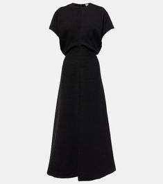 Slouch midi dress in black - Toteme | Mytheresa Black Silk A-line Maxi Dress, Modern A-line Maxi Dress, Modern Black Maxi Dress For Work, Flattering Silhouette Maxi Dress For Work, Black A-line Silk Maxi Dress, Modern Evening Maxi Dress, Modern Structured Midi Dress For Summer, Modern Midi Dress With Flattering Silhouette For Work, Modern Structured Summer Midi Dress