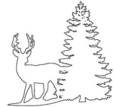 a black and white drawing of a deer next to a tree with snow on it