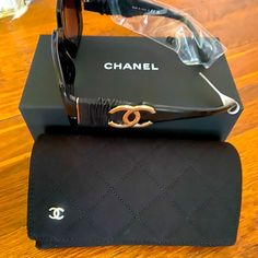 New In Box Chanel Sunglasses With Leather Side Logos And Gold Cc Emblem Elegant Brown Rectangular Sunglasses, Elegant Rectangular Sunglasses For Formal Occasions, Luxury Black Sunglasses For Travel, Chic Rectangular Sunglasses For Travel, Elegant Black Sunglasses For Business, Designer Brown Evening Sunglasses, Luxury Rectangular Sunglasses For Evening, Luxury Black Rectangular Sunglasses, Luxury Brown Sunglasses For Evening