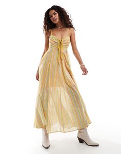 Dresses by Free People Low effort, high reward Stripe design Sweetheart neck Adjustable straps Tie front Sleeveless style Shirred, stretch panel to back Regular fit Lined Strappy Spring Dresses, Spring Strappy Lined Dresses, Spring Strappy Dress, Sundress Maxi Dress With Sweetheart Neckline And Adjustable Straps, Strappy Maxi Dress For Summer, Trendy Yellow Spaghetti Strap Dress, Striped Spring Dress With Tie Straps, Fitted Strappy Maxi Dress With Adjustable Straps, Striped Dresses With Tie Straps For Spring