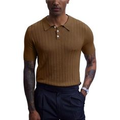 Material - 60% Polyester, 40% Rayon, Polyester Fabric Provides Comfort. Make A Statement With The Slim Fit Design Of This Vintage Casual Knitted Polo Shirt, Designed To Enhance Your Physique. And Our Retro Casual Knitted Polo Shirt Features A Button-Down Collar Design, Making It Perfect For Dressing Up Or Down. Spread Collar With 3 Button Placket, Classic Knitted Fabric Makes Knit Poloshirt Look More Layered The Button Poloshirt's Fabric Is Soft And Breathable To Keep You Dry In Summer, Elevate Fitted Polo Shirt With Buttons For Spring, Brown Slim Fit Top For Workwear, Summer Ribbed Polo Collar Top, Summer Knit Polo Sweater, Fitted Polo Sweater For Summer Workwear, Business Casual Short Sleeve Top With Ribbed Collar, Short Sleeve Tops With Ribbed Collar For Business Casual, Fitted Tops With Casual Collar For Fall, Brown Knit Top With Ribbed Collar