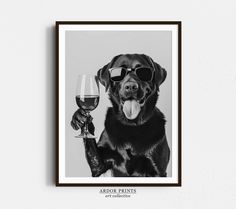 a black and white photo of a dog wearing sunglasses holding a wine glass