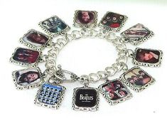 a charm bracelet with pictures of the beatles and their names on it's links