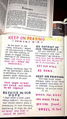 an open bible with the words keep on prayer written in different colors and font styles