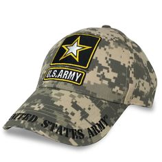 You will display some Army Pride in this great US Army Digi Camo Hat! 100% Cotton Twill One size fits mostAdjustable brass buckle in back Embroidered Army Star on front of capEmbroidered "United States Army" on bill Embroidered "This We'll Defend, US Army" on back of hat Military Style Baseball Cap With Flat Brim, Military Style Baseball Cap With Embroidered Logo, Military Style Baseball Cap With Logo Patch, Military Cap With Logo Patch, Military Style Cap With Logo Patch, Military Style Trucker Hat With Curved Brim, Military Style Snapback Hat With Flat Brim, Military Hat With Adjustable Logo Patch, Military Style Trucker Hat