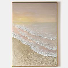 an abstract painting with white and beige waves on the beach in front of a pink sky