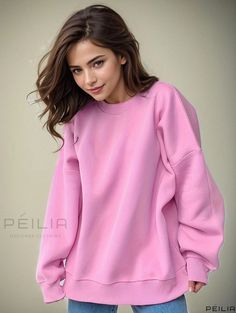 Peilia - Premium Solid Color Fleece Round Neck Sweatshirt: Long Sleeve Casual Pullover Sports Sweatshirt for Women Sporty Long Sleeve Plain Sweatshirt, Plain Long Sleeve Fleece Sweatshirt, Oversized Pink Fleece Sweater, Pink Oversized Sweatshirt For Sportswear, Sporty Solid Color Long Sleeve Sweater, Solid Sporty Long Sleeve Sweater, Solid Long Sleeve Sporty Sweater, Sporty Solid Long Sleeve Sweater, Pink Drop Shoulder Winter Top