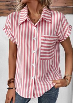 Color:Pink;Size:S;Size:M;Size:L;Size:XL;Size:XXL;Package Contents:1 X Blouse;Occasion:Other;Style:Bohemian; Batwing Sleeve Shirt, Striped Short Sleeve Shirt, Casual Summer Tops, Loose Shirts, Solid Clothes, Collar Blouse, Shirt Collar, Blouse Styles, Short Sleeve Blouse