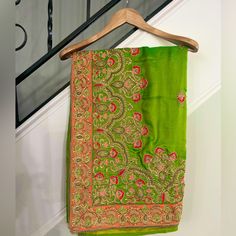 Beautiful Saree In Coral (Never Worn). Green Silk Blouse Piece With Embroidered Border, New Saree, Beautiful Saree, Coral, Saree, Green, Women Shopping, Color