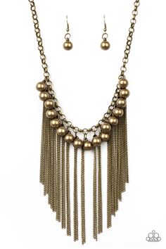 Glistening brass chains stream from the bottom of shimmery brass beads, creating an edgy industrial fringe below the collar. Features an adjustable clasp closure. Sold as one individual necklace. Includes one pair of matching earrings. P2ST-BRXX-030XX Pink Jewels, Brass Hoops, Bronze Jewelry, Fringe Necklace, Brass Necklace, Paparazzi Accessories, Inspired Jewelry, Paparazzi Jewelry, Brass Chain