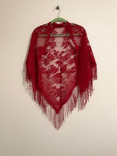 3 Sided Triangle rose shawl or scarf. Beautiful Design. 57" across, 47" on fringed sides. No tags so not sure of the material or origin. Vintage from the 1990s, new and unused condition. Red Fringed Shawl For Fall, Red Fringe Shawl For Fall, Red Shawl Scarf One Size, Red One Size Shawl Scarf, Red Shawl, Triangle Scarf, Lace Shawl, Oct 11, Red Lace