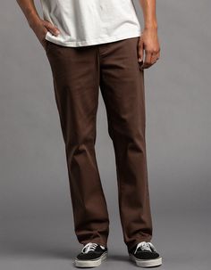 Rsq Slim Straight Chino Pants. Twill Chino With Stretch. Flat Front. Side Slip Pockets. Back Welt Pockets With Rsq Logo On Left Pocket Opening. Button Waist With Zip Fly. Approx Leg Opening: 16". 97% Cotton 3% Spandex. Machine Wash. Imported. Tan Pants, Chino Pants, Chinos Pants, Welt Pockets, Welt Pocket, Dark Brown, Spandex, ? Logo, Pants