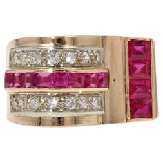 Ring in 18 karat rose gold, eagle head hallmark. The top of this tank ring is asymmetrical, set on the roll with a row of calibrated verneuil rubies in the center of two rows of 8/8 cut diamonds. The other part is a staircase whose lower part is set with 4 larger calibrated verneuil rubies. Weight of the diamonds : 0,23 carat approximately. Height : 12 mm approximately, width : 19,5 mm, thickness : 8,9 mm approximately, width of the ring at the base : 6 mm approximately. Total weight of the jewe 1950s Rings, 1950s Ring, Pink Weddings, White Gold Dress, Trilogy Engagement Ring, Platinum Diamond Engagement Rings, Gold Eagle, Retro Ring, Gold Cocktail Ring