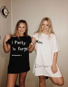 two women standing next to each other wearing t - shirts that say i party to forget