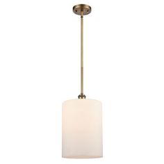 a light fixture with a white shade on the bottom and a gold metal frame around it