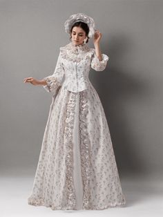 Cream Rococo Style Dress - Enchanting Floral Print Victorian Ball Gown with Vintage Grace Plus Size - WonderlandByLilian Vintage Ruffle Dress For Banquet, Vintage Lace Dresses For Banquet, Formal Historical Floor-length Dress, Historical Wedding Dress With Fitted Bodice, Historical Design Wedding Dress With Fitted Bodice, Victorian Floor-length Costume Dress, Vintage Long Sleeve Gown For Banquet, Regency Style Wedding Dress With Historical Design, Formal Floor-length Victorian Dress With Historical Design