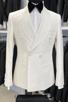 Chad Simple White Shawl Lapel Double Breasted Wedding Suits White Tuxedo Wedding, Shawl Collar Tuxedo, White Wedding Suit, Gentlemen's Club, Mens Wedding Attire, Groomsmen Outfits, White Shawl, White Tuxedo, Dress Suits For Men