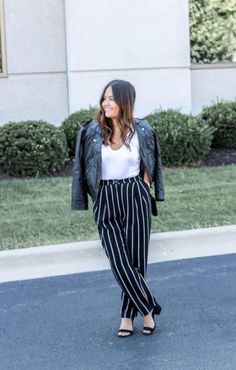 How To Wear Black Pants Work Outfits Leather Jackets 46+ Best Ideas #howtowear Black Pants With White Stripe Outfit, Black Striped Pants Outfit, Blue And White Striped Pants Outfit, Black And White Striped Pants Outfit, White Striped Pants Outfit, Black Pants Work Outfit, Striped Trousers Outfit, Black And White Striped Trousers, Striped Pants Outfit