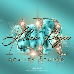 the logo for alice roger's beauty studio is shown in gold and blue colors