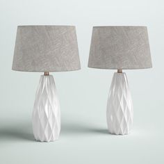 two white ceramic lamps with grey linen shades