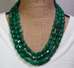 "Genuine  Untreated 1132.00   Carats , 11mm x 18mm Rich Green Faceted Oval Shaped 3 Strand Emerald Real Earth Mined Gemstones Necklace , handmade by me, \"Limpin' Lizard\".  This Necklace is adjustable to wear from 18\" inches to 26\" inches.  FREE SHIPPING in the USA, $11 Everywhere else.  ** It costs me $14.83 to ship to other countries, so I must recoup some of that cost. **Full Money Back Guaranteed to be Real Emerald Gemstones.  This Necklace can have the Sliding Clasp Cloth removed and be Real Earth, Emerald Green Stone, Stone Beaded Necklace, Jewelry Fashion Trends, Rich Green, Emerald Necklace, Gold Filled Earrings, Silver 925 Necklace, Be Real