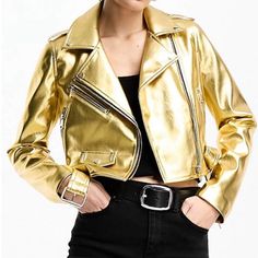 Nwt Gold Cropped Faux Leather Jacket From Asos. Brand Is Stradivarius. Ordered In Two Sizes And Keeping The Other One. This Color Is Out Of Stock, But Can Still See The Silver One On Asos For More Details. Size Is Large Which Is Equivalent To Us Size 8 According To Asos. Trendy Gold Outerwear For Party, Trendy Gold Party Outerwear, Chic Gold Blazer For Winter, Chic Gold Long Sleeve Outerwear, Metallic Outerwear For Fall Party, Gold Long Sleeve Outerwear For Spring, Chic Gold Outerwear For Spring, Chic Gold Blazer For Fall, Gold Outerwear For Work In Spring