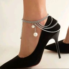 These Silver Aluminum And Pearl Heel Compatible Layered Anklet Chain Sets Are Smokin Hot. Pair These Beauties With A Pair Of Pumps Or Stilettos. The Chain Drapes Over Your Heel Perfectly And Dangles And Moves While You Walk. Definitely Sexy And A Conversation Piece To Say The Least . Purchased In Sets Only. Bundle And Save Today . Accepting Reasonable Offers. Trendy Metal Chain Anklets, Trendy Metal Anklets For Party, Elegant Metal Anklets For Party, Pearl Chain Anklet For Party, Elegant Pearl Chain Anklet For Party, Elegant Metal Party Anklets, Metal Chain Anklets For Party, Elegant Metal Anklet With Adjustable Chain, Trendy Party Anklets With Chain Detail