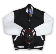 DETAILS OF JACKET The Classic Varsity Jacket Color: Black / White Black / White Rib on Neck, Wrist & Bottom/Hem Two External Side Pockets Exterior Sleeve: Cowhide Leather Interior: Polyester lining Style: Bomber Jacket Care: DRY CLEAN ONLY We can add custom embroidery, printing, or labels on these jackets as per the customer's demand. Additional charges apply. Black And White Varsity Jacket, Baseball Varsity Jacket, Leather Sleeves, Letterman Jacket, Leather Sleeve, Baseball Jacket, Custom Embroidery, Knitting Materials, Black Wool