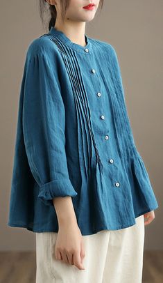 French Blue Blouse Stand Collar Cinched Art Spring Top Loose Top Outfit, New Style Tops, Linen Tunic Tops, Mori Girl Fashion, French Blue, Spring Tops, Woven Top, Top Fabric, Linen Top