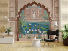 an ornate wall mural in a living room with a chair and table next to it