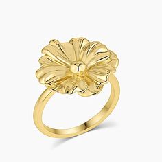 A Fun, Cocktail Ring Featuring A Beautiful Floral Design. This Statement Flower Ring Adds A Touch Of Elegance To Your Daily Ring Stack. Size: 9 18k Gold Plated Brass Band Measures 1/16” Ring Measures 3/4” At Widest Point Formal Yellow Gold Flower Ring, Delicate Gold Flower Ring For Formal Occasions, Elegant Yellow Gold Plated Flower Ring, Flower-shaped Tarnish Resistant Wedding Jewelry, Fine Jewelry Gold Flower Ring, Gold-plated Yellow Gold Flower Ring, Gold Plated Yellow Gold Flower Ring, Classic Gold Flower Ring, 14k Gold Flower Shaped Rings