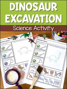 the dinosaur excavation science activity for kids is shown with a magnifying glass and paper