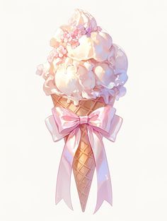 an ice cream cone with pink ribbon and flowers on it's top, in front of a white background