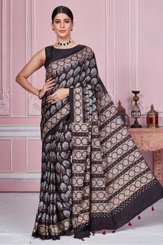 Shop stunning black printed Gajji silk sari online in USA. Look your best on festive occasions in latest designer sarees, pure silk sarees, Kanjivaram silk saris, handwoven saris, tussar silk sarees, embroidered saris from Pure Elegance Indian clothing store in USA.-full view Gajji Silk Saree, Tussar Silk Sarees, Indian Clothing Store, Latest Designer Sarees, Tussar Silk Saree, Indian Clothing, Silk Sari, Designer Sarees, Pure Silk Sarees