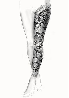 a black and white drawing of a woman's leg with flowers on it