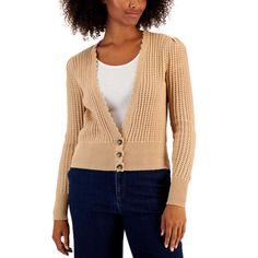 Charter Club Adds Sophisticated Style To Your Wardrobe With This Open-Knit Cardigan Sweater, Featuring A Scalloped Trim At The Neckline. Approx. Model Height Is 5'10" And She Is Wearing A Size Medium Fitted: Approx. 21" Long Due To Generous Sizing, We Suggest Sizing Down For The Perfect Fit V-Neck; Triple-Button Closures At Hem; Ribbed Hem And Cuffs Scalloped Trim At Neckline; Open-Knit Detail Throughout Cotton/Acrylic Machine Washable Imported Elegant Pointelle Knit Spring Cardigan, Elegant Pointelle Knit Cardigan For Spring, Spring Fitted Textured Knit Cardigan, Spring Textured Knit Fitted Cardigan, Elegant Spring Knit Cardigan, Chic Fitted Pointelle Knit Cardigan, Fitted Textured Knit Cardigan, Elegant Fitted Open Knit Cardigan, Elegant Beige Textured Knit Cardigan