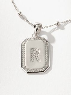 Sur 2.0 Necklace | Sterling Silver R | Product Detail Image | Uncommon James Silver Charm Necklace With Rectangular Pendant And Initials, Silver Tarnish Resistant Charm Necklace With Rectangular Pendant, Personalized Silver Initial Necklace With Square Pendant, Silver Square Pendant Initial Necklace For Everyday, Silver Initial Necklace With Square Pendant For Everyday, Silver Pendant Initial Necklace With Delicate Chain, Everyday Silver Initial Necklace With Square Pendant, Silver Tarnish Resistant Pendant Initial Necklace, Trendy Silver Initial Pendant Necklace