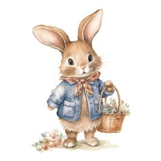 a watercolor painting of a rabbit holding a basket and wearing a blue shirt with flowers