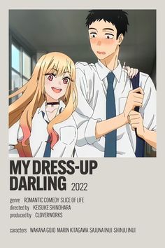 a man and woman standing next to each other in front of a poster that says, my dress - up darling 2012