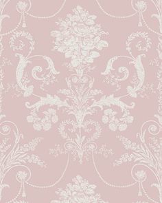 a pink and white wallpaper with an ornate design on the bottom half of it