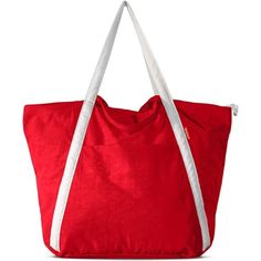 a large red bag with white handles on the front and side pockets, hanging from a hook