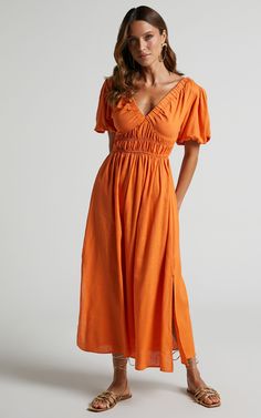 Lorella Midi Dress - Puff Sleeve Plunge Neck Dress in Orange | Showpo USA V-neck Maxi Dress With Gathered Sleeves For Brunch, Summer Dress With Elastic Waistband For Date Night, Beach Midi Dress With Gathered Sleeves And V-neck, Spring Maxi Dress With Elastic Shoulders, Chic Maxi Dress With Gathered Sleeves For Vacation, V-neck Maxi Dress With Elastic Waistband For Day Out, Chic Vacation Maxi Dress With Gathered Sleeves, Spring Midi Dress With Elastic Shoulders For Brunch, V-neck Midi Dress With Gathered Sleeves For Day Out