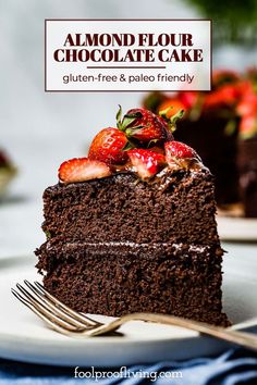 a slice of chocolate cake with strawberries on top and the title reads paleo birthday chocolate cake gluten - free & 7 ingredients only